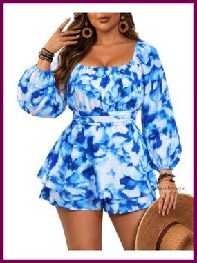 Womens Plus Size Romper Short Jumpsuit Smocked Square Neck Puff Sleeve